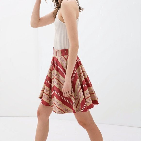 ZARA CIRCLE SKIRT STRIPED RED TAN SIZE XS - Picture 2 of 10